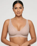 PLERIVA Seamless Wireless Plunge Lift Bra in Beige Leopard, front view on model