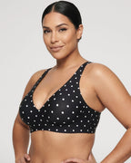PLERIVA Seamless Wireless Plunge Lift Bra in Black polka dot, front view on model