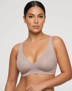 PLERIVA Seamless Wireless Plunge Lift Bra in Gray, front view on model
