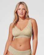 PLERIVA Seamless Wireless Plunge Lift Bra in Green Leopard, front view on model with matching brief
