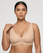 PLERIVA Seamless Wireless Plunge Lift Bra in Nude, front view on model