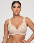 PLERIVA Seamless Wireless Plunge Lift Bra in Sheer Ivory, front view on model