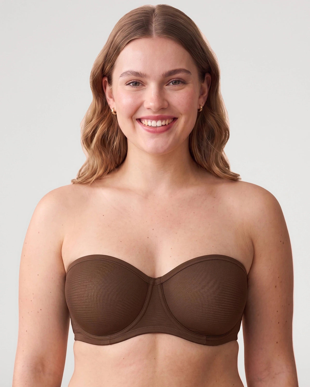 PLERIVA Sheer Mesh Strapless Underwire Balconette in Brown, front view