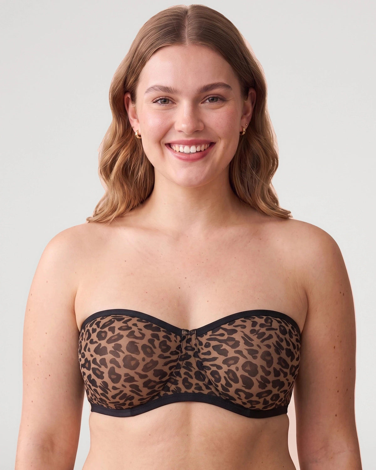 PLERIVA Sheer Mesh Strapless Underwire Balconette in Leopard, front view