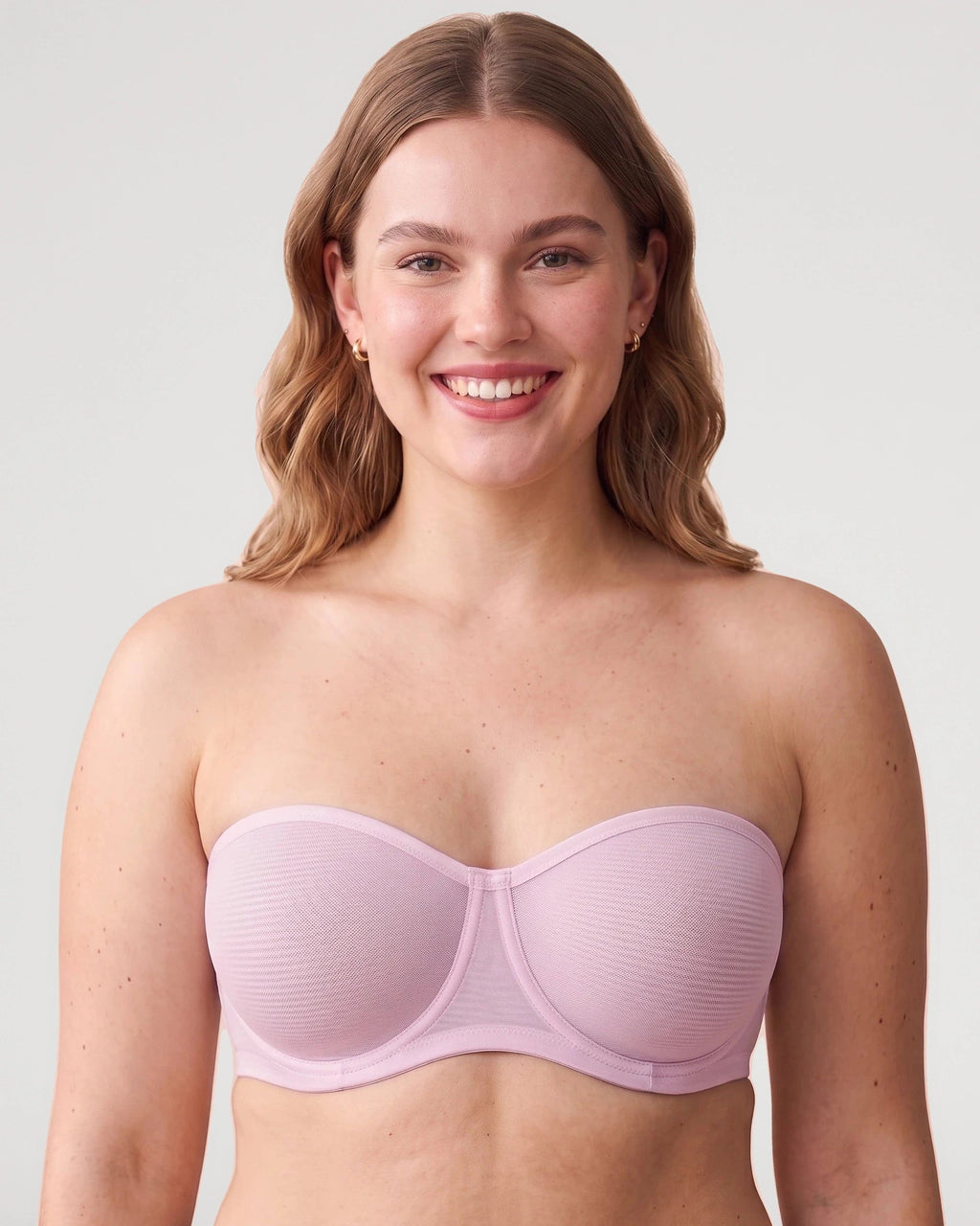 PLERIVA Sheer Mesh Strapless Underwire Balconette in Pink, front view
