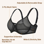 PLERIVA Sheer Mesh Unlined Plunge Underwire Bra in Black, diagram of the two-ply mesh, straps, underwire and side panels