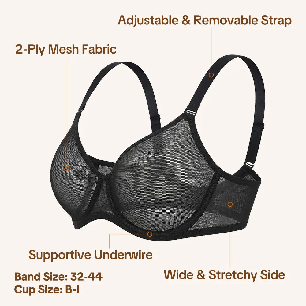 PLERIVA Sheer Mesh Unlined Plunge Underwire Bra in Black, diagram of the two-ply mesh, straps, underwire and side panels