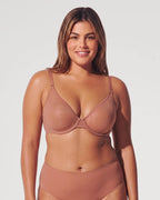 PLERIVA Sheer Mesh Unlined Plunge Underwire Bra in Coffee, front view on model with matching briefs