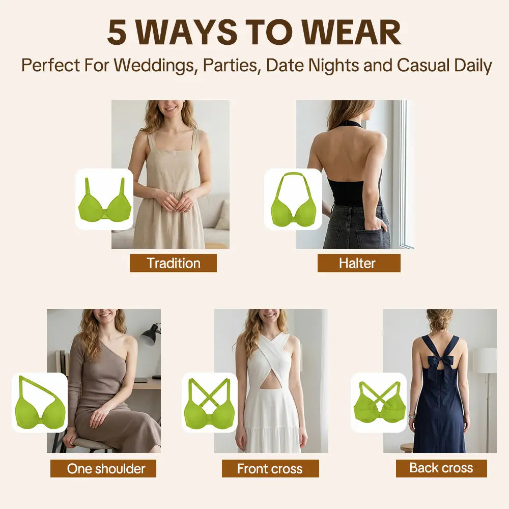 PLERIVA Sheer Mesh Unlined Plunge Underwire Bra, five ways to wear the straps
