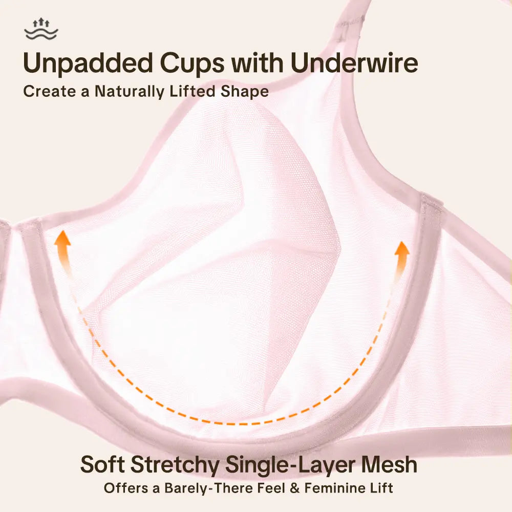 PLERIVA Sheer Mesh Unlined Plunge Underwire Bra, close-up of the unpadded underwire cup