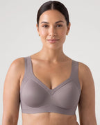 PLERIVA Smooth Back Full Coverage Wireless Bra in Gray, front view on model