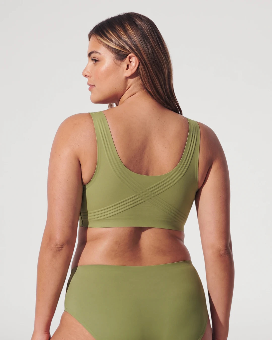 PLERIVA Smooth Back Full Coverage Wireless Bra in Light Green, back view showing the smooth back