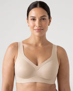 PLERIVA Smooth Back Full Coverage Wireless Bra in Nude, front view on model