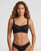 PLERIVA Square Neck Bralette and Panty Set in Black, front view on model