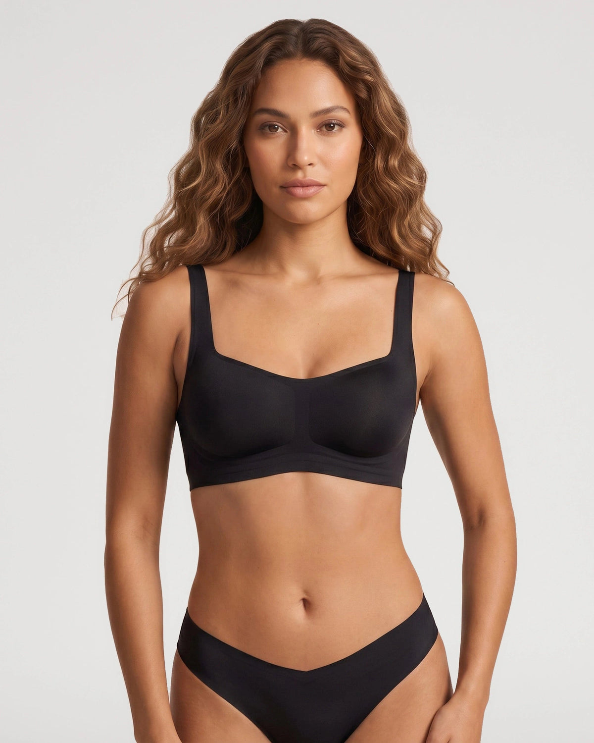 PLERIVA Square Neck Bralette and Panty Set in Black, front view on model
