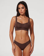 PLERIVA Square Neck Bralette and Panty Set in Brown, full-length front view of the set