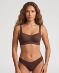 PLERIVA Square Neck Bralette and Panty Set in Brown, front view on model