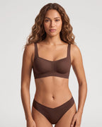 PLERIVA Square Neck Bralette and Panty Set in Brown, front view on model