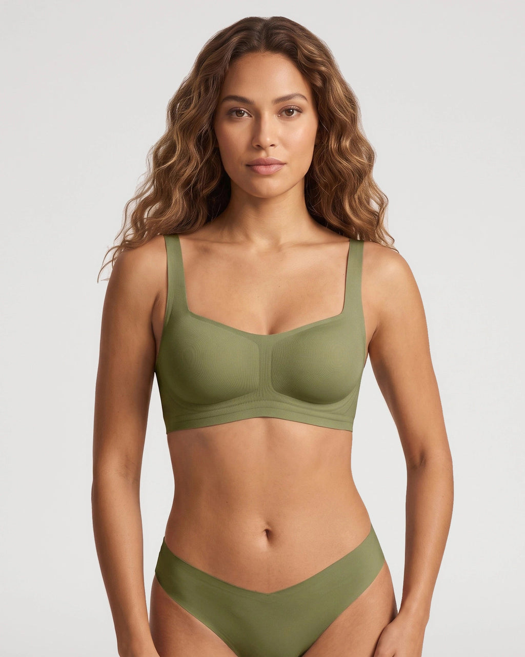 PLERIVA Square Neck Bralette and Panty Set in Lake Green, front view on model