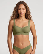 PLERIVA Square Neck Bralette and Panty Set in Lake Green, front view on model