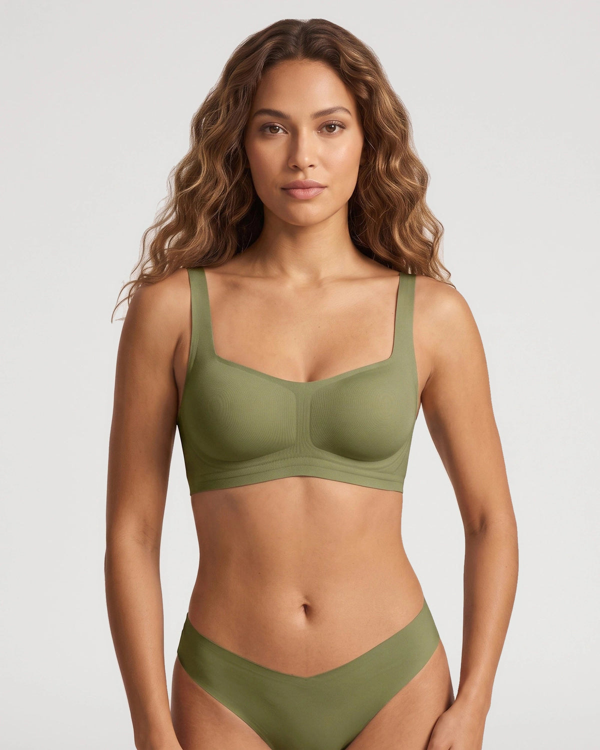 PLERIVA Square Neck Bralette and Panty Set in Lake Green, front view on model