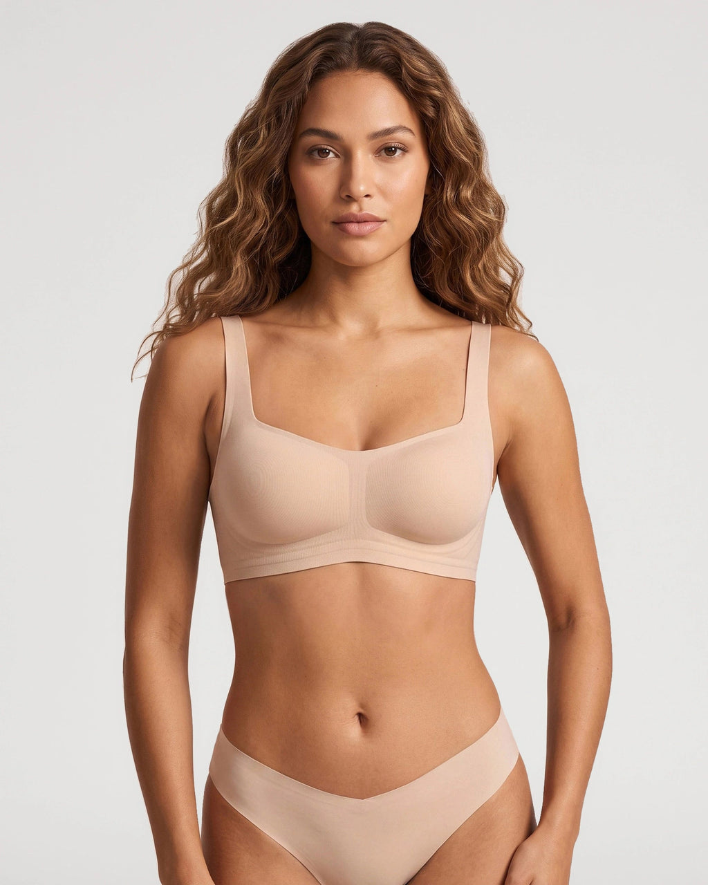 PLERIVA Square Neck Bralette and Panty Set in Nude, front view on model