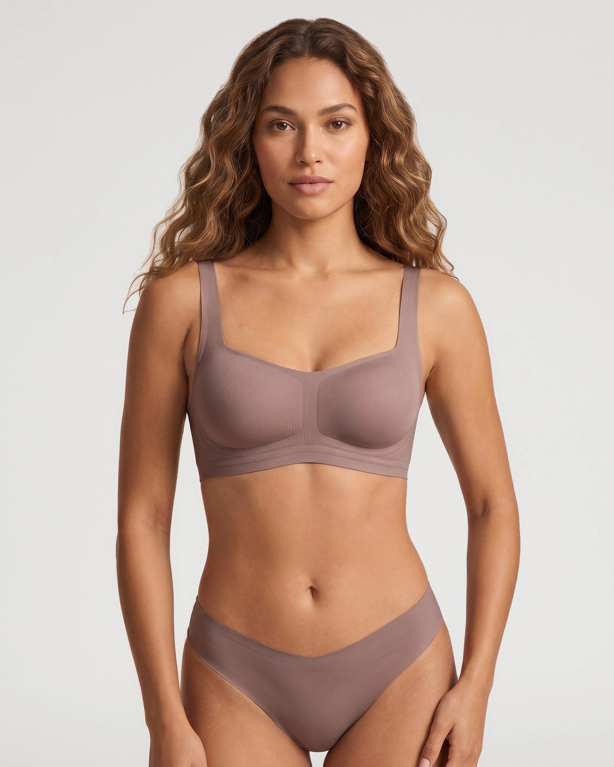 PLERIVA Square Neck Bralette and Panty Set in Sea Fog, front view on model