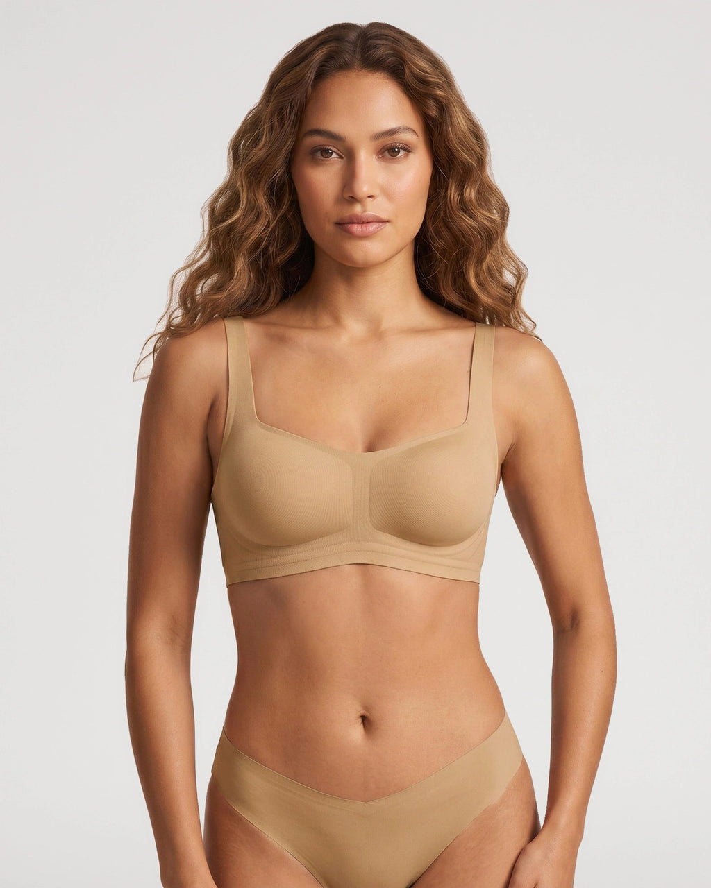 PLERIVA Square Neck Bralette and Panty Set in Skin, front view on model