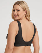 PLERIVA U-Back Wireless Lift and Coverage Bra in Black, back view showing the U-back