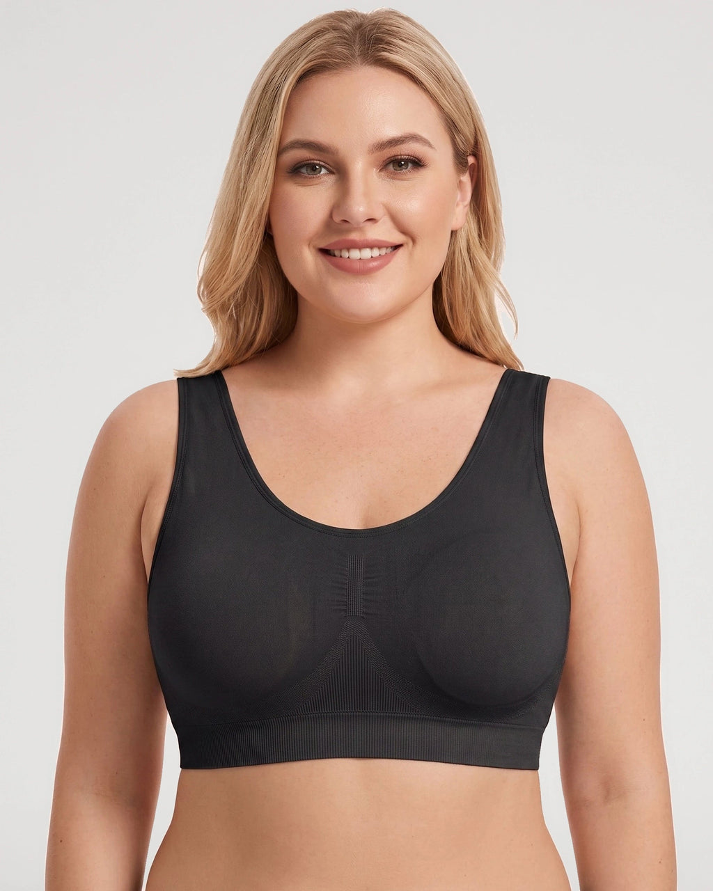 PLERIVA U-Back Wireless Lift and Coverage Bra in Black, front view on model