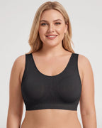 PLERIVA U-Back Wireless Lift and Coverage Bra in Black, front view on model