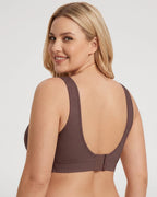 PLERIVA U-Back Wireless Lift and Coverage Bra in Brown, back view showing the U-back