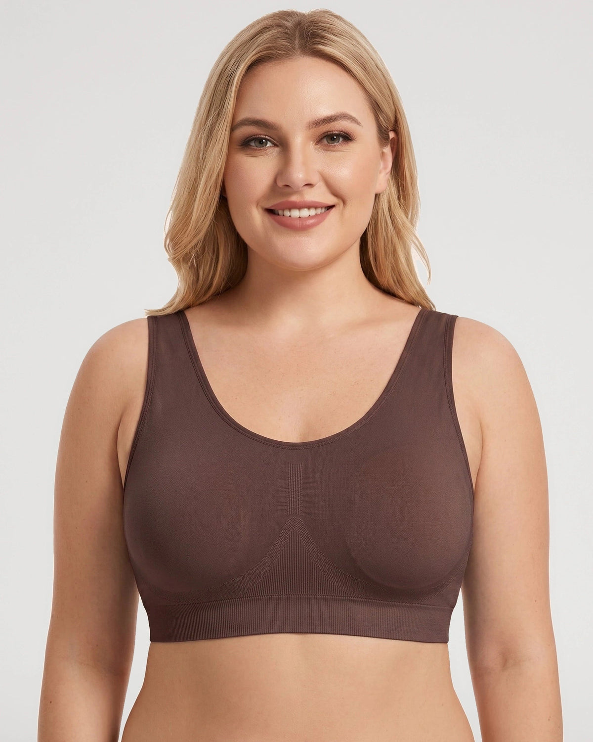 PLERIVA U-Back Wireless Lift and Coverage Bra in Brown, front view on model