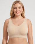 PLERIVA U-Back Wireless Lift and Coverage Bra in Nude, front view on model