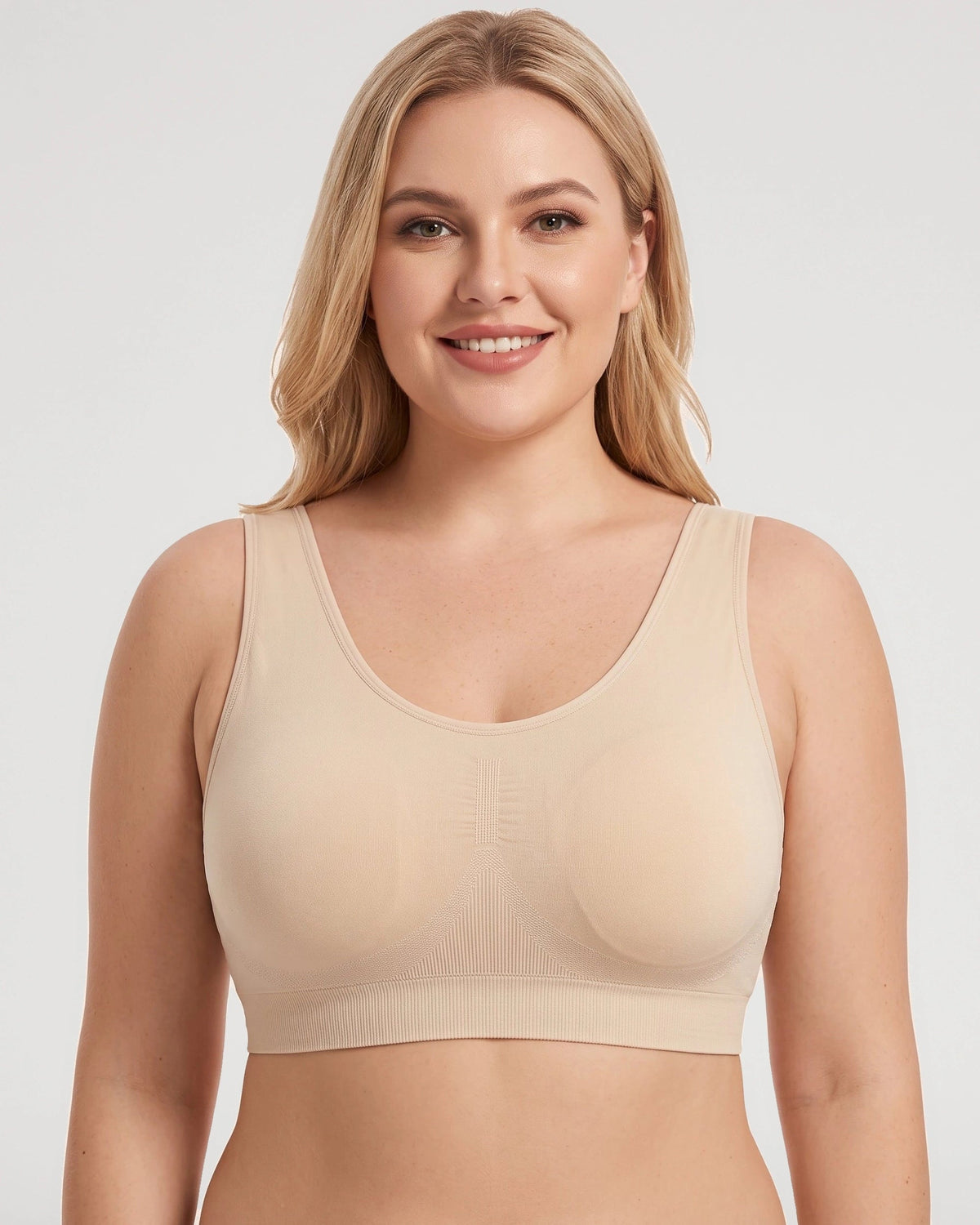 PLERIVA U-Back Wireless Lift and Coverage Bra in Nude, front view on model