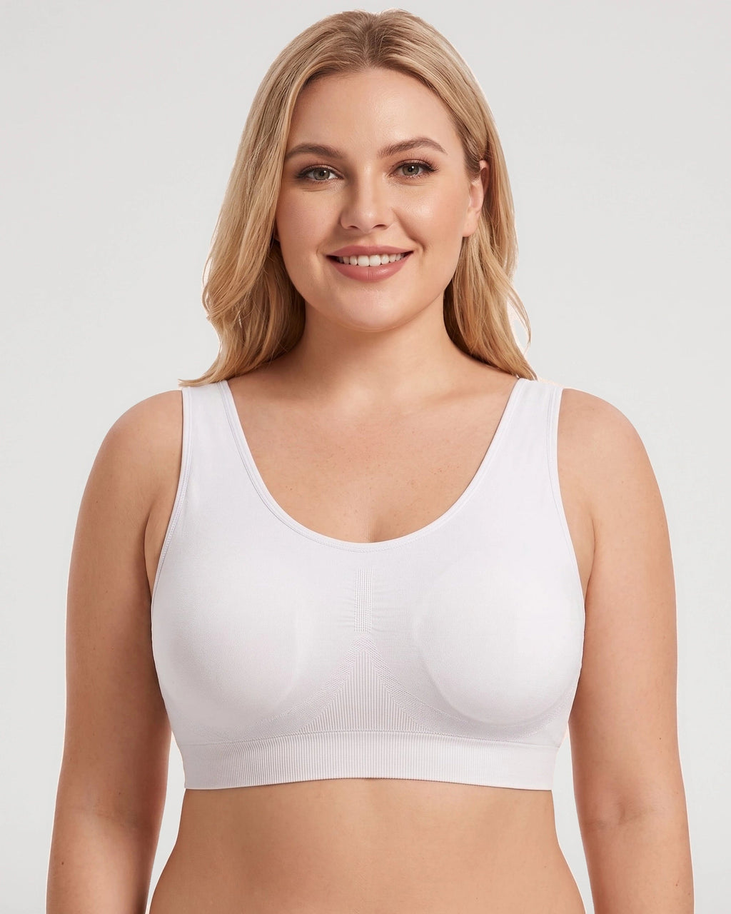 PLERIVA U-Back Wireless Lift and Coverage Bra in White, front view on model