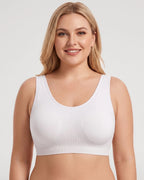PLERIVA U-Back Wireless Lift and Coverage Bra in White, front view on model