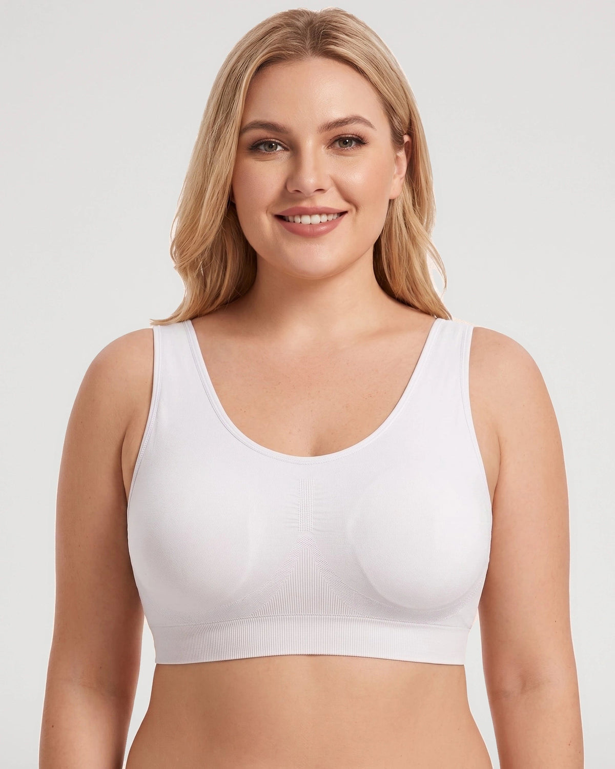 PLERIVA U-Back Wireless Lift and Coverage Bra in White, front view on model