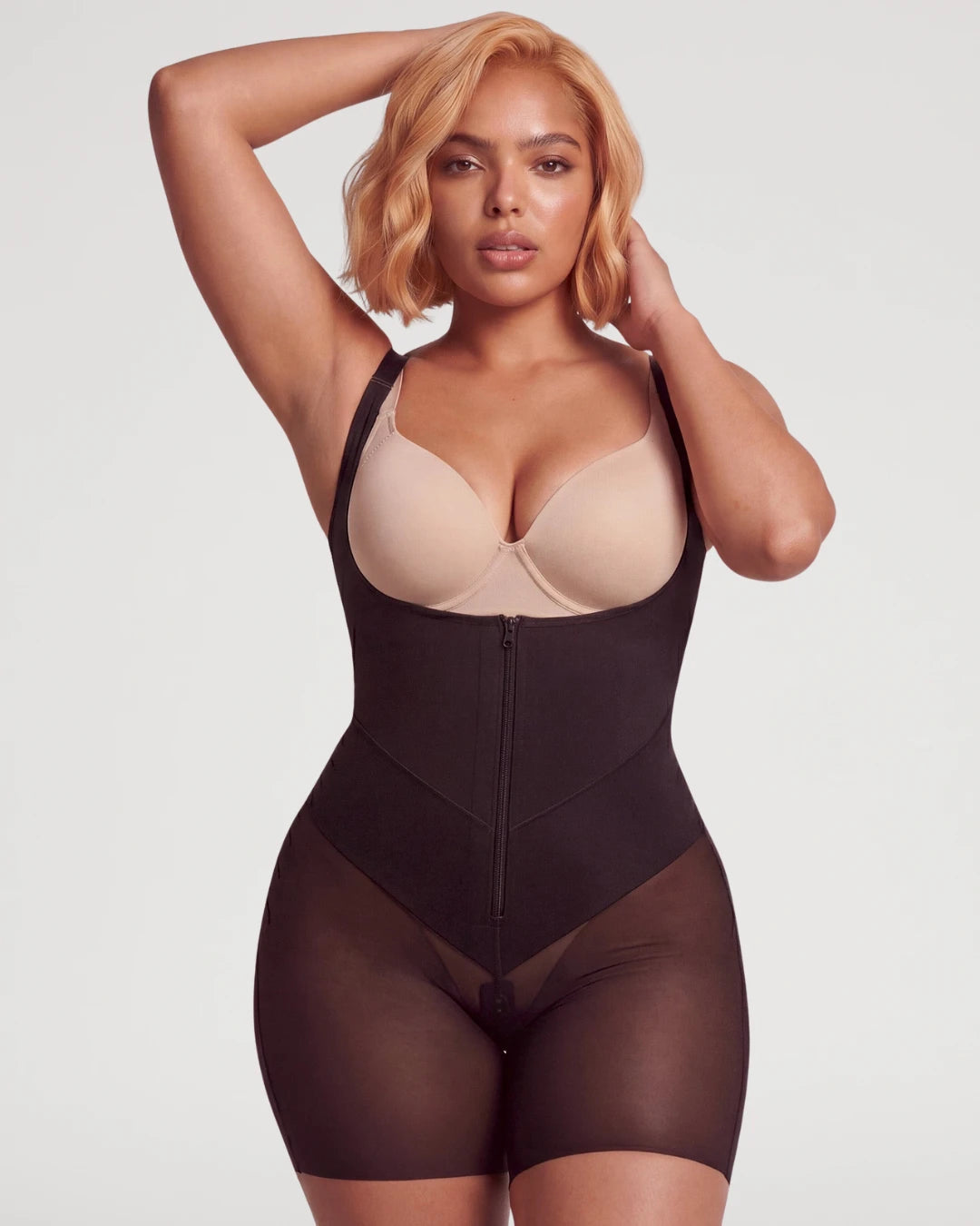 PLERIVA U-Neck Full Body Sculpting Faja in Black, front view with arms raised