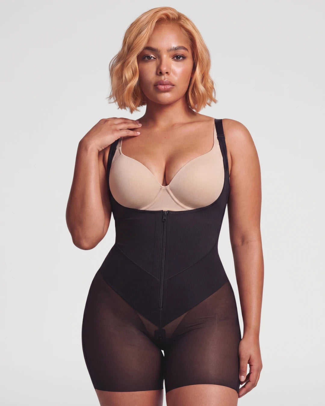 PLERIVA U-Neck Full Body Sculpting Faja in Black, front view on model