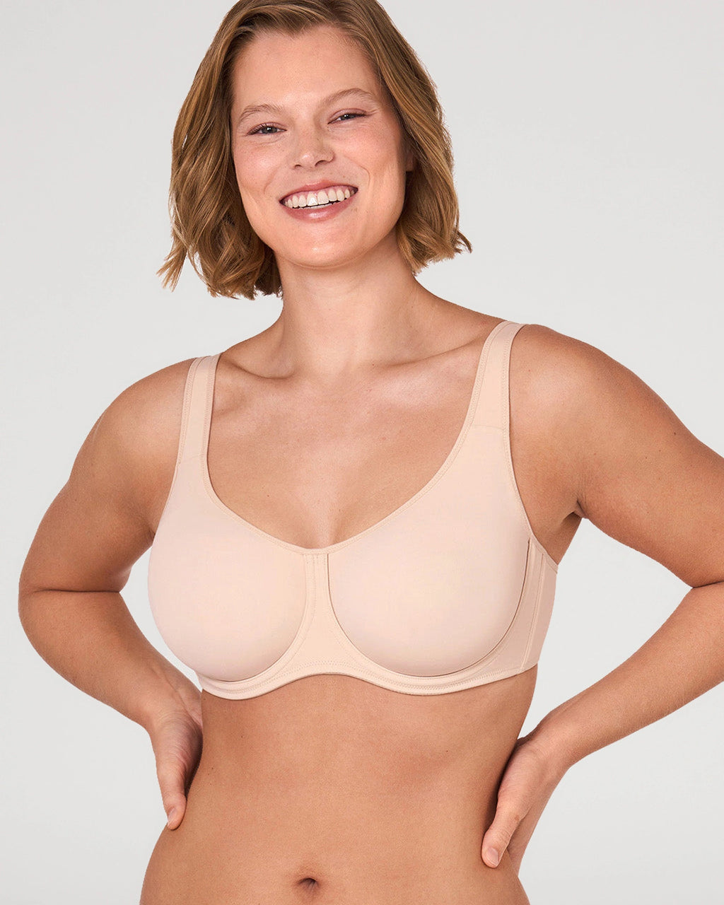 PLERIVA Unlined Full Coverage Underwire Bra in Beige, front view on model