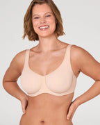 PLERIVA Unlined Full Coverage Underwire Bra in Beige, front view on model