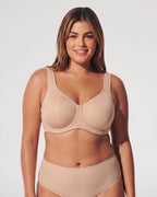 PLERIVA Unlined Full Coverage Underwire Bra in Beige, front view on model with matching brief
