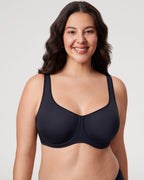 PLERIVA Unlined Full Coverage Underwire Bra in Black, front view on model