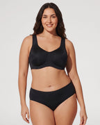 PLERIVA Unlined Full Coverage Underwire Bra in Black, full-length front view with matching brief