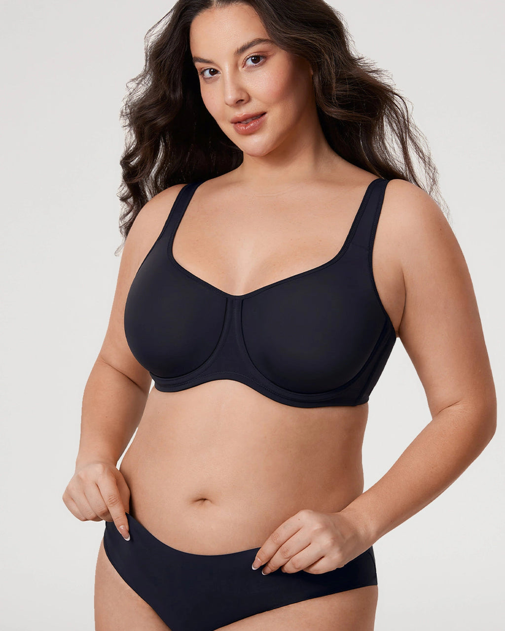 PLERIVA Unlined Full Coverage Underwire Bra in Black, three-quarter view with matching brief