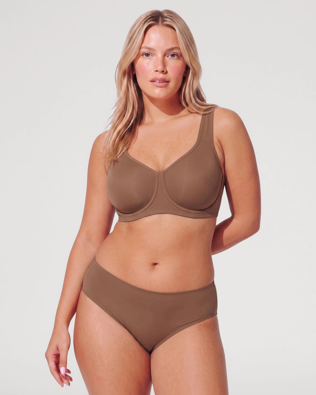 PLERIVA Unlined Full Coverage Underwire Bra in Gravel Beige, full-length front view with matching brief