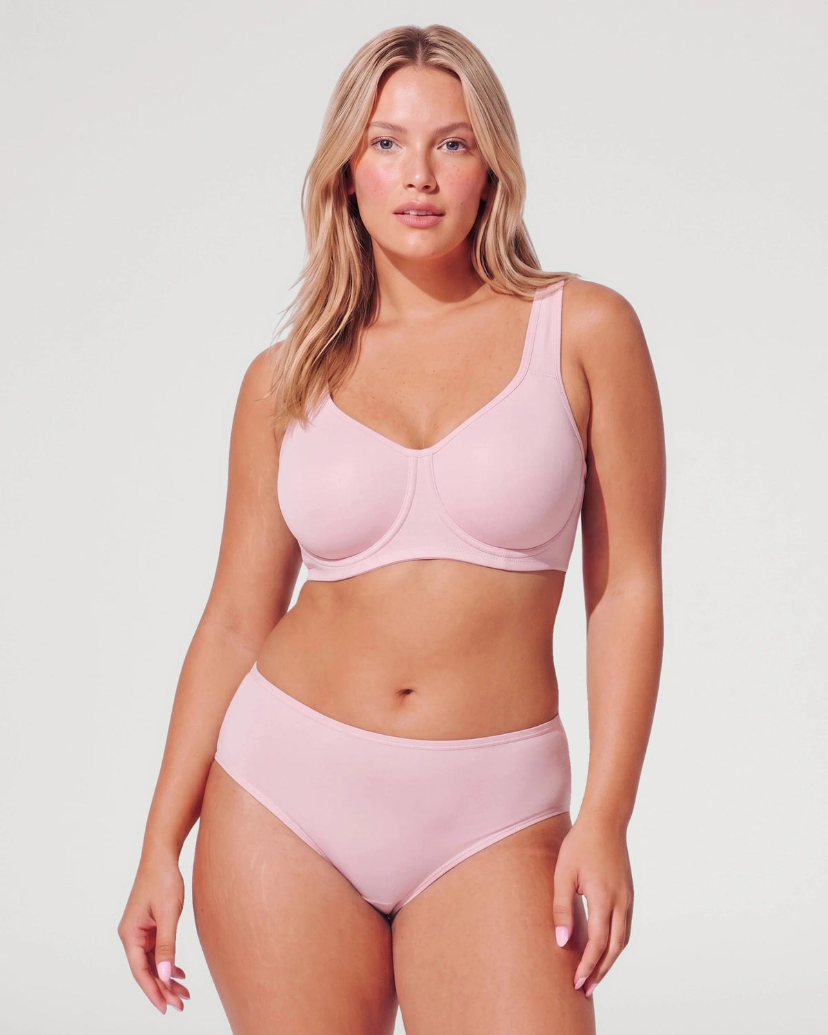 PLERIVA Unlined Full Coverage Underwire Bra in Pink, full-length front view with matching brief