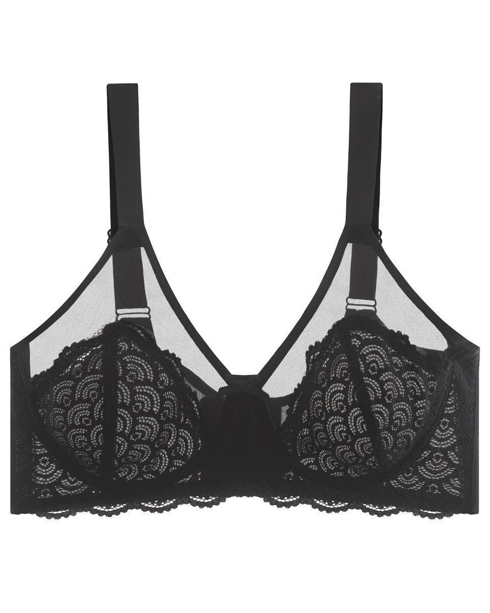 PLERIVA Unlined Lace Underwire Minimizer Bra in Black, flat lay showing lace cups and straps