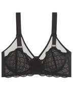 PLERIVA Unlined Lace Underwire Minimizer Bra in Black, flat lay showing lace cups and straps
